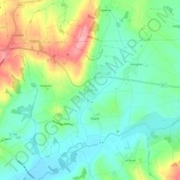 Mapa topográfico Anglars, altitud, relieve