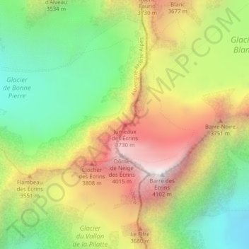 Mapa topográfico Jumeaux des Écrins, altitud, relieve