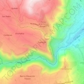 Mapa topográfico Quindialo, altitud, relieve