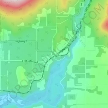 Mapa topográfico Erickson, altitud, relieve