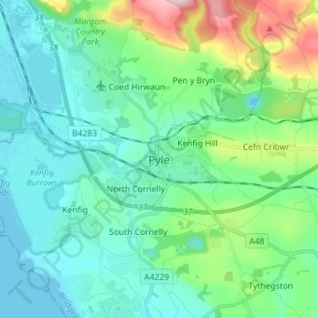 Mapa topográfico Pyle, altitud, relieve