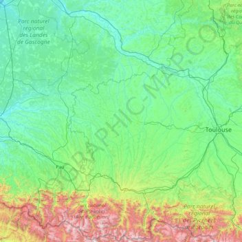 Mapa topográfico Gascogne, altitud, relieve