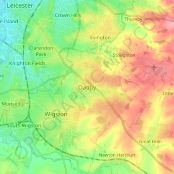 Mapa topográfico Oadby, altitud, relieve