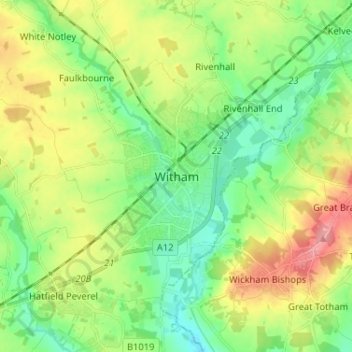 Mapa topográfico Witham, altitud, relieve