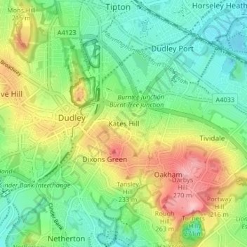 Mapa topográfico Kates Hill, altitud, relieve