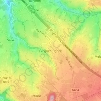 Mapa topográfico Évegnée-Tignée, altitud, relieve