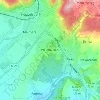 Mapa topográfico Weidhausen, altitud, relieve