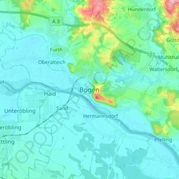 Mapa topográfico Bogen, altitud, relieve