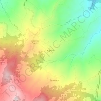 Mapa topográfico Pugliano, altitud, relieve