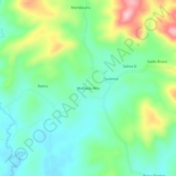 Mapa topográfico Malhada Alta, altitud, relieve