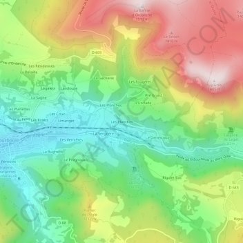 Mapa topográfico Les Planches, altitud, relieve