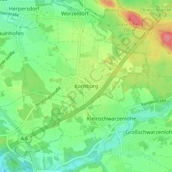 Mapa topográfico Kornburg, altitud, relieve