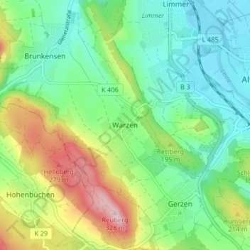 Mapa topográfico Warzen, altitud, relieve
