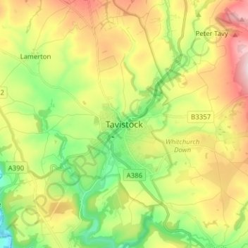 Mapa topográfico Tavistock, altitud, relieve