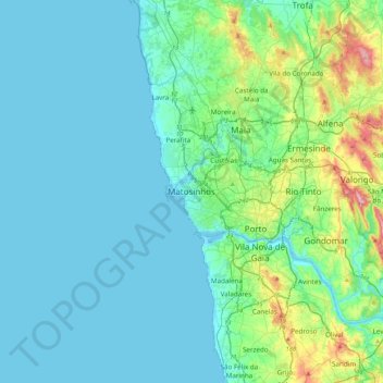 Mapa topográfico Matosinhos, altitud, relieve