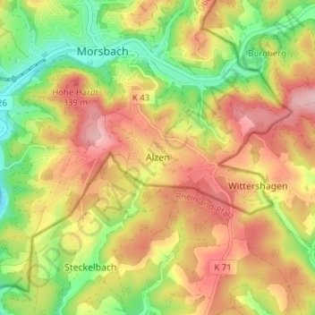 Mapa topográfico Alzen, altitud, relieve