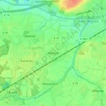 Mapa topográfico Westick, altitud, relieve
