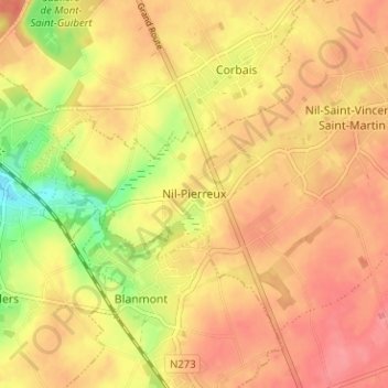 Mapa topográfico Nil-Pierreux, altitud, relieve