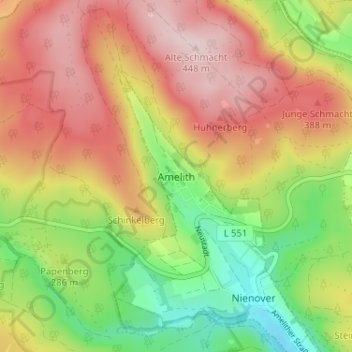 Mapa topográfico Amelith, altitud, relieve