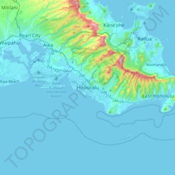 Mapa topográfico Honolulu, altitud, relieve