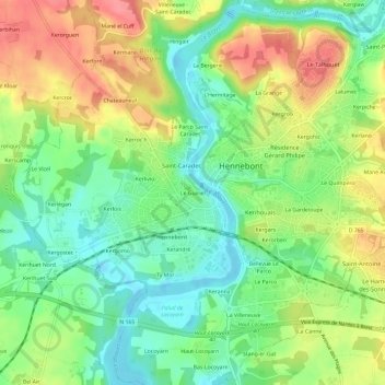 Mapa topográfico Le Guiriel, altitud, relieve