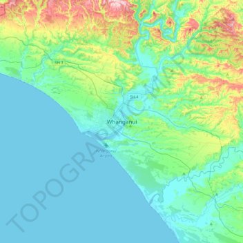 Mapa topográfico Whanganui, altitud, relieve