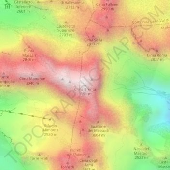 Mapa topográfico Cima Brenta, altitud, relieve