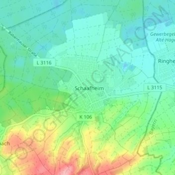 Mapa topográfico Schaafheim, altitud, relieve