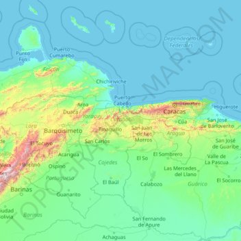 Mapa topográfico Carabobo, altitud, relieve