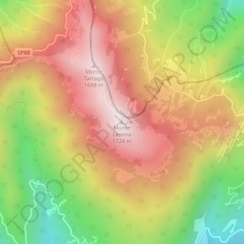 Mapa topográfico Monte Lesima, altitud, relieve