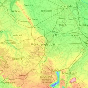 Mapa topográfico Mönchengladbach, altitud, relieve