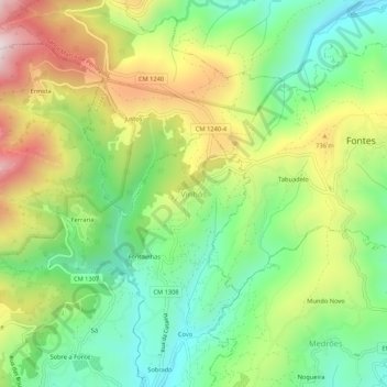 Mapa topográfico Vinhós, altitud, relieve