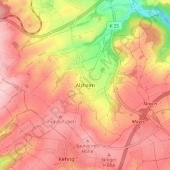 Mapa topográfico Alzheim, altitud, relieve