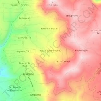 Mapa topográfico Yatchil San Fernando, altitud, relieve