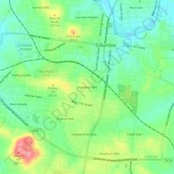 Mapa topográfico Highland Park, altitud, relieve