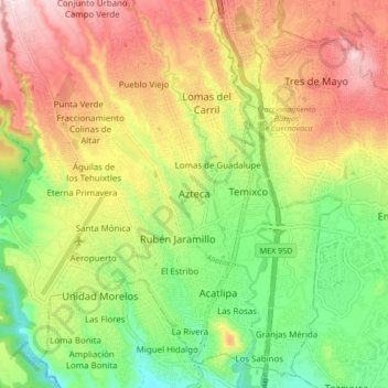 Mapa topográfico Azteca, altitud, relieve