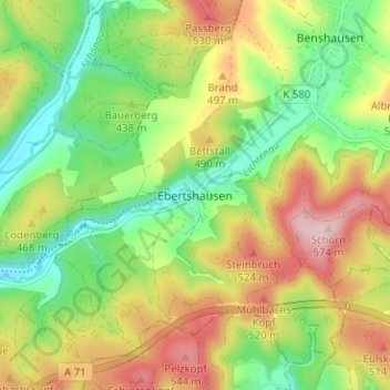 Mapa topográfico Ebertshausen, altitud, relieve