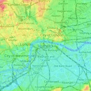 Mapa topográfico Southwark, altitud, relieve