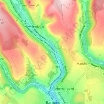 Mapa topográfico Brithdir, altitud, relieve