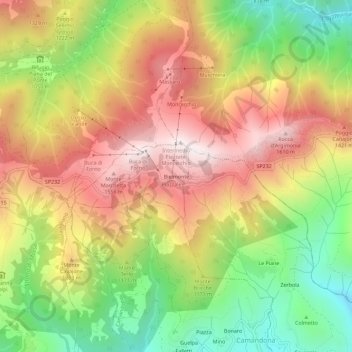 Mapa topográfico Bielmonte, altitud, relieve