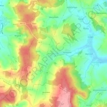 Mapa topográfico Wolfakirchen, altitud, relieve