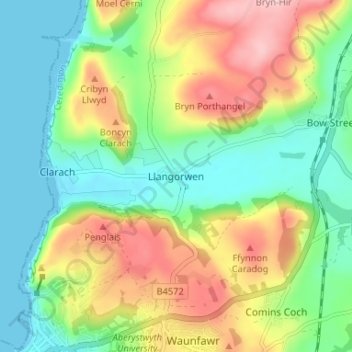 Mapa topográfico Llangorwen, altitud, relieve