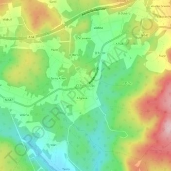 Mapa topográfico O Pedrouzo, altitud, relieve