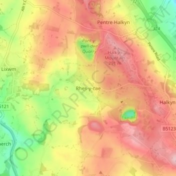 Mapa topográfico Rhes-y-cae, altitud, relieve
