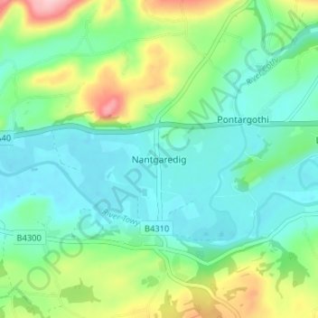 Mapa topográfico Nantgaredig, altitud, relieve