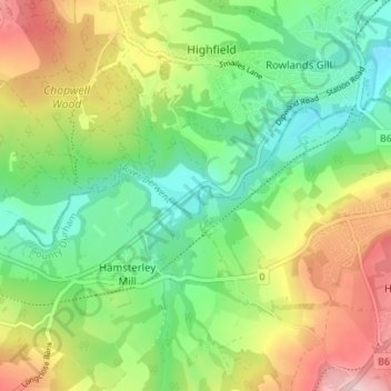 Mapa topográfico Lintzford, altitud, relieve