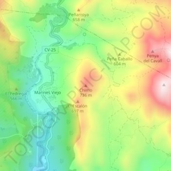 Mapa topográfico Chimo, altitud, relieve