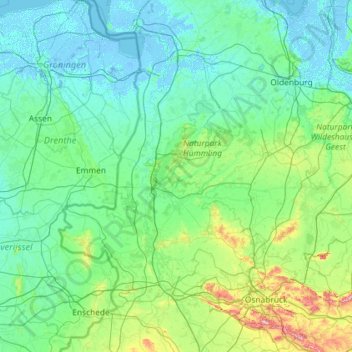 Mapa topográfico Emsland, altitud, relieve