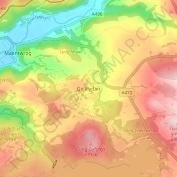 Mapa topográfico Gellilydan, altitud, relieve