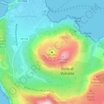 Mapa topográfico Vulcano, altitud, relieve